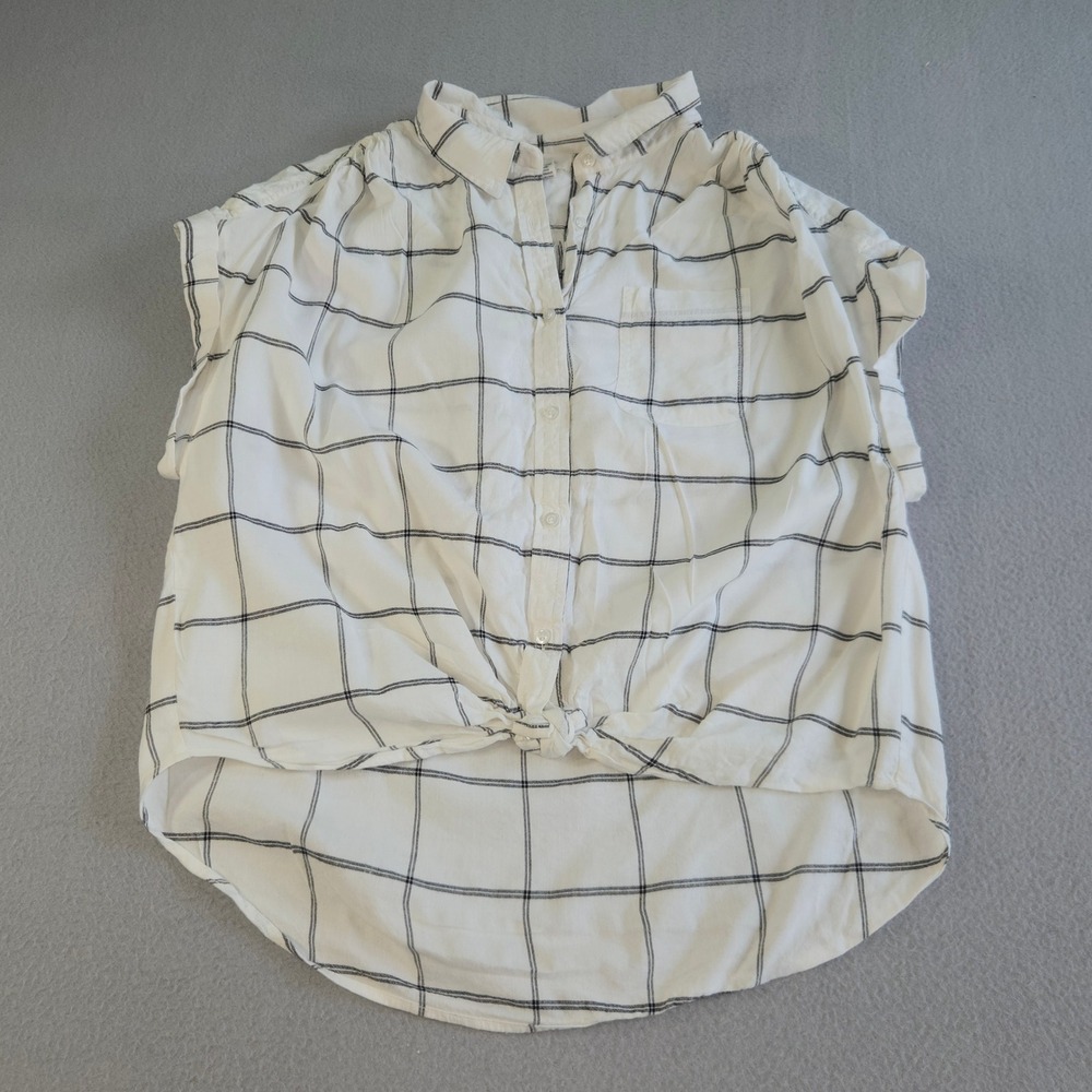 Japas Button Down Shirt‎ Womens XL White Black Windowpane Plaid Tie Front Casual